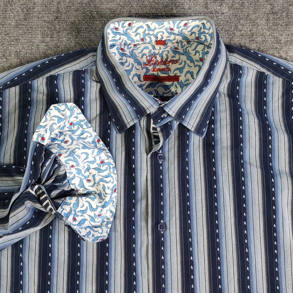 Luchiano Visconti‎ Shirt XL Long Sleeve Button Up Blue Striped Flip Cuff Casual